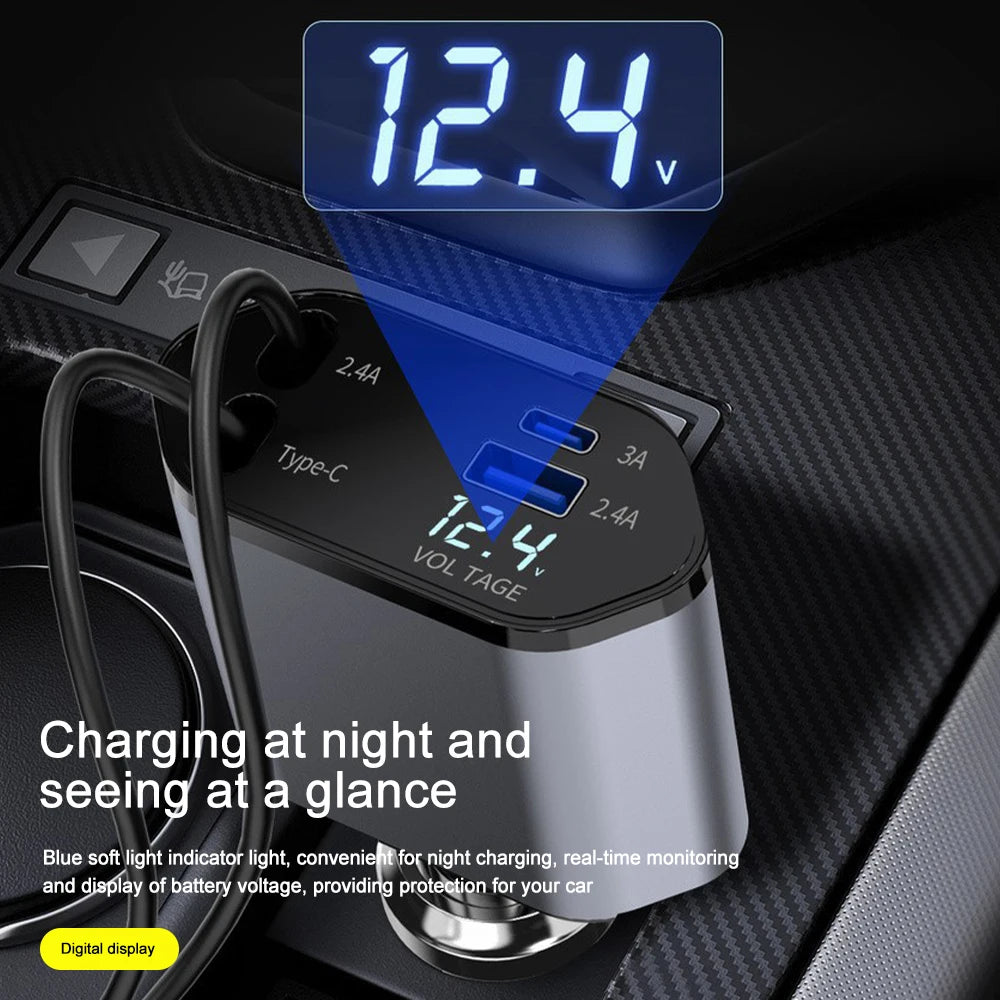 4 IN 1 Car Phone Charger 120W Type C 66W+2.4A Charging Cable with Retractable Cords with Volt Display For IPhone Huawei Samsung